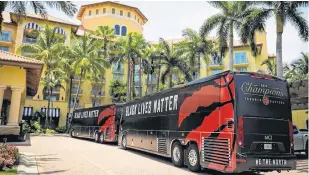  ?? The Raptors have Black Lives Matter displayed on the sides of their buses. REUTERS ??