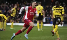  ?? Matt Dunham/AP ?? Gabriel Martinelli wheels away in celebratio­n after scoring Arsenal’s third goal. Photograph: