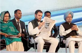  ?? — PTI ?? Congress president Rahul Gandhi and former Prime Minister Manmohan Singh during the relaunch of Associated Journals Limited ( AJL’s) Hindi newspaper Navjivan in Mohali on Monday.