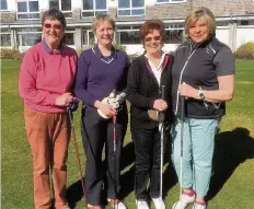  ??  ?? Dunblane New GC ladies’captain Lesley Blair (right) and vice captain Janice Stewart (left) with their partners Vera Calderwood and Kate Anderson just before teeing off in the Opening Greensomes