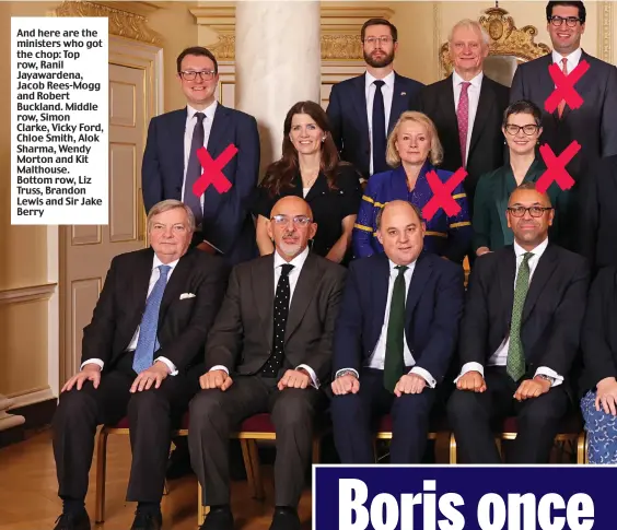  ?? ?? And here are the ministers who got the chop: Top row, Ranil Jayawarden­a, Jacob Rees-Mogg and Robert Buckland. Middle row, Simon Clarke, Vicky Ford, Chloe Smith, Alok Sharma, Wendy Morton and Kit Malthouse. Bottom row, Liz Truss, Brandon Lewis and Sir Jake Berry