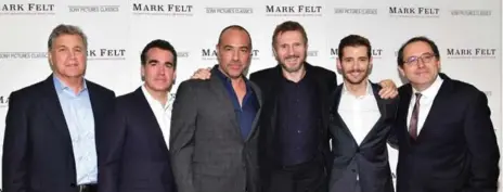  ?? DIA DIPASUPIL/GETTY IMAGES ?? Tom Bernard, left, Brian d’Arcy James, Peter Landesman, Liam Neeson, Julian Morris and Michael Barker attend the Mark Felt premiere in New York City.