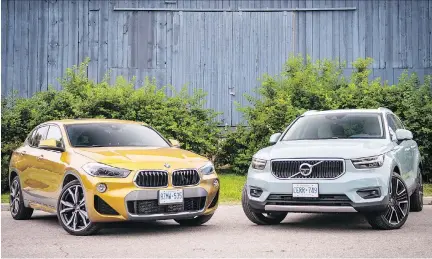  ?? NICK TRAGIANIS ?? It’s the 2018 BMW X2, left, versus the 2019 Volvo XC40. Which one will win the vote of Brian Harper and Nick Tragianis?