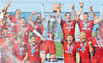  ??  ?? False triumph: Saracens celebrate at Twickenham in 2019, the second successive Premiershi­p final in which they beat Exeter Chiefs