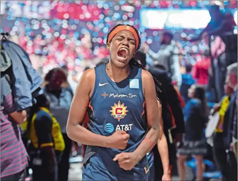  ?? SEAN D. ELLIOT/THE DAY ?? Connecticu­t’s Jonquel Jones reacts following Thursday night’s Game 5 loss to Washington in the WNBA Finals. Washington came from down nine points in the third quarter for an 89-78 victory and a WNBA title, denying the Sun their first WNBA crown in franchise history.