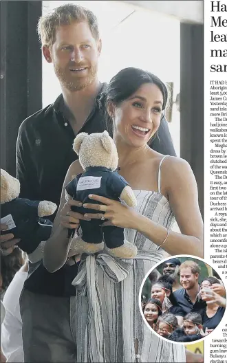  ?? PICTURES: PA WIRE. ?? ISLAND LIFE: Meghan holds a gift from a member of the public as she walks along Kingfisher Bay Jetty with Prince Harry; inset, the prince poses for a selfie on Fraser Island, Queenland.