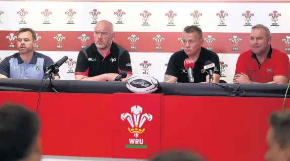  ??  ?? > The four regional coaches in the Judgement Day hot-seat ahead of this weekend’s Welsh rugby extravagan­za; from left, Blues coach Danny Wilson, Ospreys’ Steve Tandy, Kingsley Jones of the Dragons and Scarlets coach Wayne Pivac