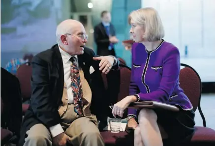  ?? DAVID KAWAI/OTTAWA CITIZEN ?? Holocaust survivor Pinchas Gutter speaks with Wanda Urbanska, Jan Karski Education Foundation president, at the unveiling of an exhibit at the Canadian War Museum on Jan Karski, who risked his life to bring news of Nazi atrocities to the Polish...