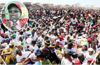  ??  ?? Part of the huge crowd that attended the Matabelela­nd South Presidenti­al Youth Interface Rally at Pelandaba Stadium in Gwanda yesterday. Inset: President Mugabe addresses the crowd. (Picture by Eliah Saushoma)