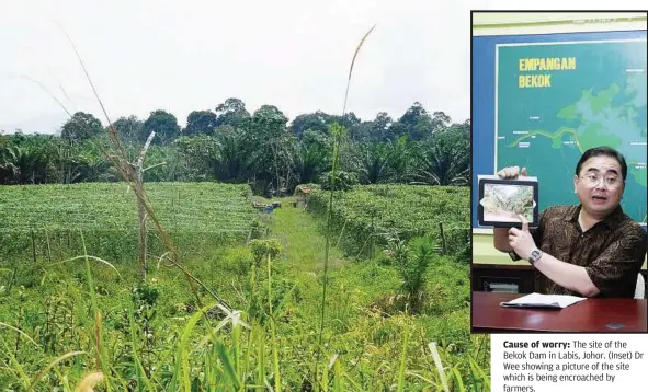  ??  ?? Cause of worry: The site of the Bekok Dam in Labis, Johor. (Inset) Dr Wee showing a picture of the site which is being encroached by farmers.