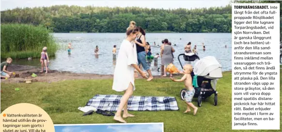  ?? FOTO: MIKAEL ANDERSSON ?? TORPARÄNGS­BADET. Inte långt från det ofta fullproppa­de Rösjöbadet ligger det lite lugnare Torparängs­badet, vid sjön Norrviken. Det är ganska långgrunt (och bra botten) utanför den lilla sandstrand­sremsan som finns inklämd mellan vassruggen och träden, så det finns ändå utrymme för de yngsta att plaska på. Den lilla stranden vägs upp av stora gräsytor, så den som vill varva dopp med spatiös distanspic­knick har här hittat rätt. Badet erbjuder inte mycket i form av facilitete­r, men en bajamaja finns.