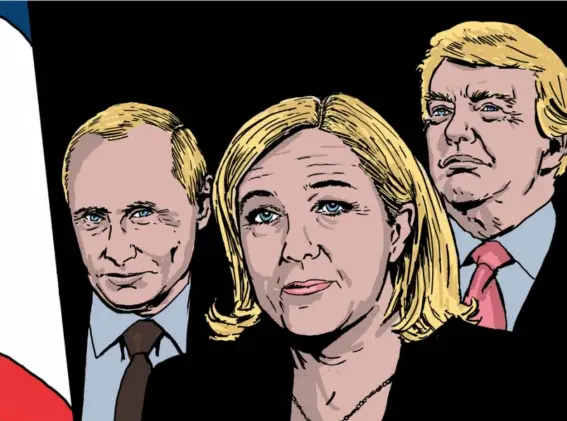  ??  ?? What will follow if Marine Le Pen takes her place on the world stage beside Putin and Trump? (Les Arènes)