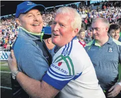  ??  ?? All smiles: Monaghan boss Malachy O’Rourke (left) celebrates at the finish