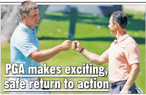  ?? Getty Images ?? BUMP AND FUN: Bryson DeChambeau and Rory McIlroy fist-bump on the 18th green after finishing their final round of the Charles Schwab Challenge on Sunday.