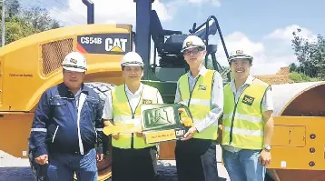  ??  ?? (From left) TRC officers Chin Jan Loi and Chin Sau Phin, Sime Darby Industrial’s Ngu Ching Kui, and TRC’s Wong Siong Ho are seen at the handover ceremony of the Caterpilla­r Soil Compactor CS54B at the Betong site recently.