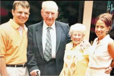  ?? ?? Robbins with her husband John Robbins (left) and her grandparen­ts, who were very influentia­l during her years growing up in Dayton. From left are John Robbins, Grandpa George Freiberger and Grandma Eileen Freiberger and Robbins when the family still lived about a block apart in Dayton.