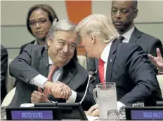  ?? SETH WENIG/THE ASSOCIATED PRESS ?? U.S. President Donald Trump, right, shakes hands with UN Secretary-General Antonio Guterres at a meeting during the UN General Assembly at the UN headquarte­rs in New York on Monday.