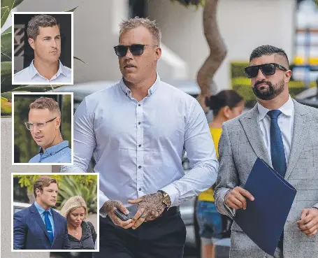  ??  ?? Zachary Maidment (main, left) with his lawyer Ashkan Tai at Southport Courthouse on Monday; (inset, from top) fellow police officer Todd David, Joshua Bell and Tyana Hansen with lawyer Blake Fraser. Picture: Jerad Williams