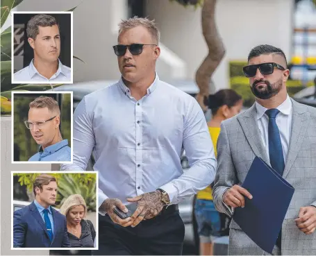  ??  ?? Zachary Maidment (main, left) with his lawyer Ashkan Tai at Southport Courthouse on Monday; (inset, from top) fellow police officer Todd David, Joshua Bell and Tyana Hansen with lawyer Blake Fraser. Picture: Jerad Williams