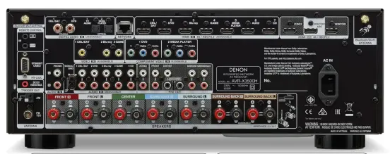  ?? Ins and outs The Denon has eight HDMI inputs and two outputs, while the analogue video inputs are converted to digital for output via HDMI. Additional audio inputs include two each of optical and coaxial digital audio, plus Bluetooth, plus the HEOS platfo ??