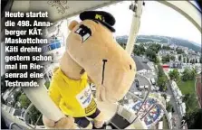  ??  ?? Heute startet die 498. Annaberger KÄT. Maskottche­n Käti drehte gestern schon mal im Riesenrad eine Testrunde.