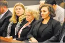  ?? Michael Quine ?? Las Vegas Review-journal State Sens. Joyce Woodhouse, center, and Nicole Cannizzaro, right, listen Wednesday as attorney Marc Elias speaks about recall petitions.