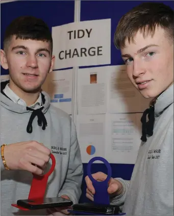  ??  ?? Josh Crosbie and Eoin Cooney, Scoil Uí Mhuiri and members of the Mini Company “Tidy Charge” who took part in the Local Enterprise Office Louth, County Finals of the Student Enterprise Awards