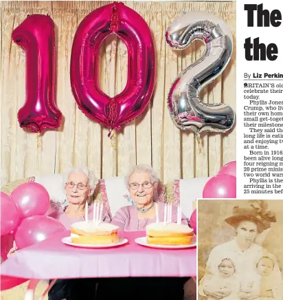  ?? Pictures: caters, andy commins ?? Irene, left, and Phyllis get into the party spirit with their cakes. Inset, as babies with their mother Frances