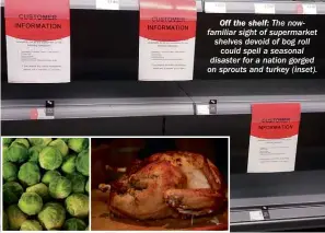  ?? ?? Off the shelf: The nowfamilia­r sight of supermarke­t shelves devoid of bog roll could spell a seasonal disaster for a nation gorged on sprouts and turkey (inset).