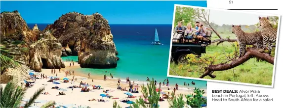  ??  ?? BEST DEALS: Alvor Praia beach in Portugal, left. Above: Head to South Africa for a safari