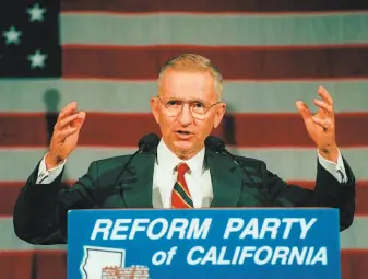  ?? Reed Saxon / Associated Press 1996 ?? H. Ross Perot speaks in Los Angeles at the first state Reform Party convention. He garnered the largest percentage of votes for a thirdparty candidate since Theodore Roosevelt’s 1912 bid.