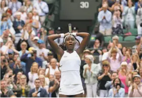  ?? Tim Ireland / Associated Press ?? Fifteenyea­rold Cori “Coco” Gauff of the U.S. reacts after defeating one of her idols, fivetime Wimbledon champion Venus Williams, age 39. Gauff is the youngest woman to qualify for the Wimbledon main draw in the Open era.