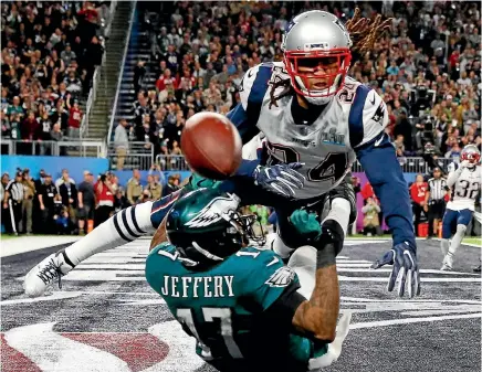  ?? GETTY IMAGES ?? Alshon Jeffery (17) of the Philadelph­ia Eagles misses the pass attempt under pressure from Stephon Gilmore during the second quarter in Super Bowl LII n Minneapoli­s yesterday.