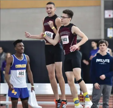  ?? Photo by Jerry Silberman / risportsph­oto.com ?? The Woonsocket boys indoor track team was jumping for joy Saturday because the Villa Novans were impressive in the jumping events at state meet. Senior Johnathon Upshur finished second in the high jump with a clearance of 6-4 and teammate Nick Iarussi...