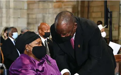  ?? /The Presidency Twitter ?? President Cyril Ramaphosa pays his respects to the wife of Archbishop Desmond Tutu, Mama Leah Tutu, after delivering his euology at St George’s Cathedral yesterday.