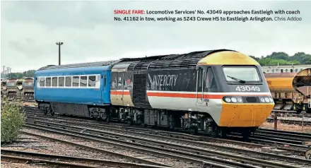  ?? ?? SINGLE FARE: Locomotive Services’ No. 43049 approaches Eastleigh with coach No. 41162 in tow, working as 5Z43 Crewe HS to Eastleigh Arlington. Chris Addoo