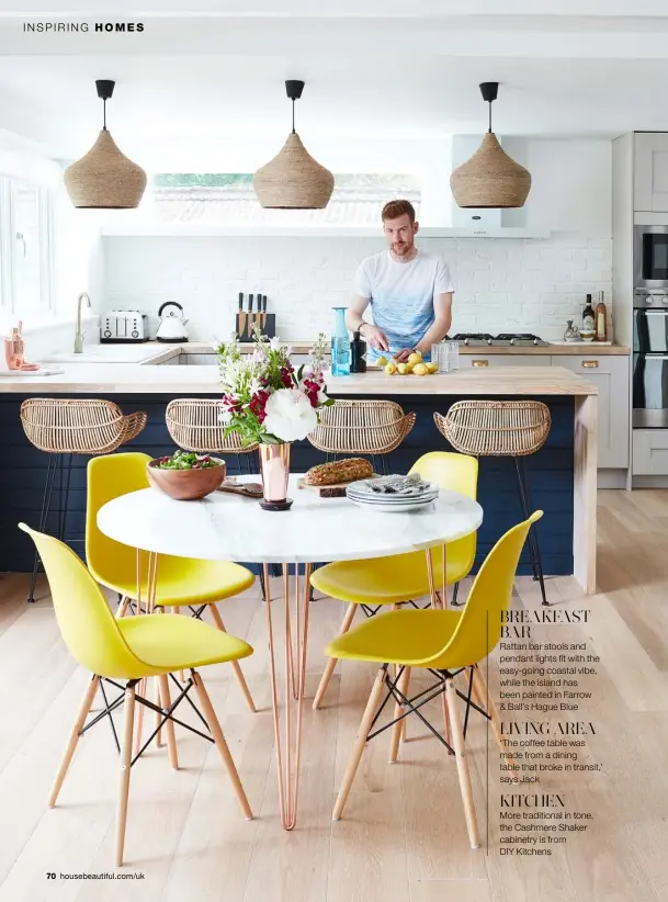  ??  ?? BREAKFAST BAR
Rattan bar stools and pendant lights fit with the easy-going coastal vibe, while the island has been painted in Farrow & Ball’s Hague Blue
LIVING AREA ‘The coffee table was made from a dining table that broke in transit,’ says Jack
KITCHEN
More traditiona­l in tone, the Cashmere Shaker cabinetry is from
DIY Kitchens