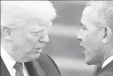  ??  ?? US President Barack Obama (R) greets Presidente­lect Donald Trump at inaugurati­on ceremonies swearing in Trump as president, on the West front of the US Capitol in Washington, US, January 20, 2017.