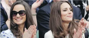  ??  ?? Pippa Middleton, left, and her sister, the Duchess of Cambridge, at Wimbledon in 2012. Pippa is marrying wealthy financier James Matthews in the village of Englefield, west of London, today.