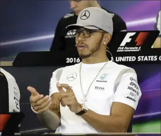  ?? ERIC GAY, THE ASSOCIATED PRESS ?? Mercedes driver Lewis Hamilton of Britain responds to a question during a news conference for the Formula One U.S. Grand Prix auto race at the Circuit of the Americas on Thursday in Austin, Texas.