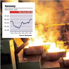  ?? ?? OVERALL bullion production for Harmony dipped 4% for the quarter period under review to 366 390 ounces. | SUPPLIED