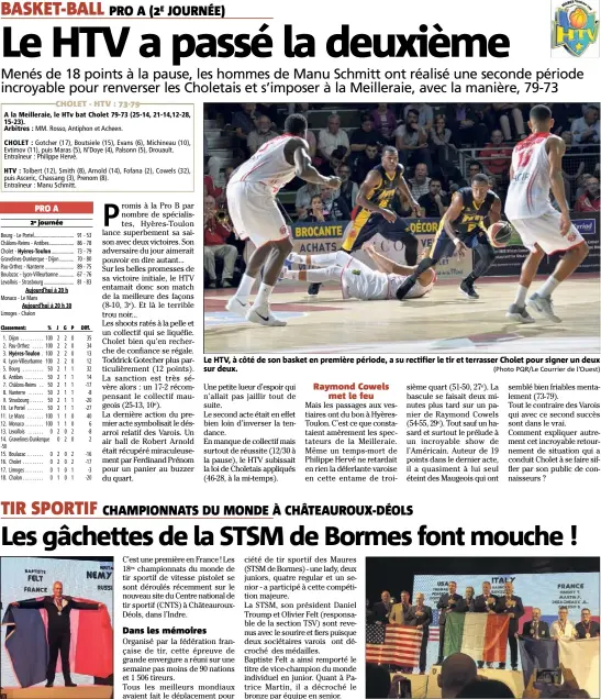  ?? Journée (Photo PQR/Le Courrier de l’Ouest) (Photos DR) ?? Baptiste Felt est devenu vicechampi­on du monde junior. Le HTV, à côté de son basket en première période, a su rectifier le tir et terrasser Cholet pour signer un deux sur deux. Patrice Martin (à d.) a mis dans le mille par équipe avec une belle...