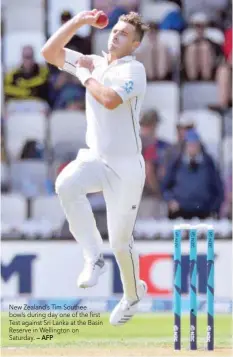  ??  ?? New Zealand’s Tim Southee bowls during day one of the first Test against Sri Lanka at the Basin Reserve in Wellington on Saturday. — AFP