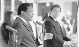  ?? SUSAN STOCKER/SOUTH FLORIDA SUN SENTINEL ?? Broward County Mayor Dale Holness speaks at a news conference with Gov. Ron DeSantis on Thursday in Doral to announce that Broward and Miami-Dade can reopen.