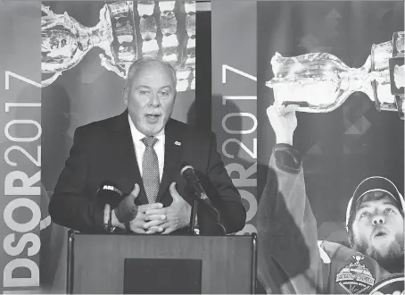  ?? DAN JANISSE ?? Canadian Hockey League president David Branch announces that Windsor will host the 2017 Memorial Cup in this May 2016 file photo. The national championsh­ip will take place May 18-28 at the WFCU Centre.