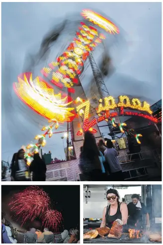  ?? GORD WALDNER; LIAM RICHARDS; MICHELLE BERG ?? Clockwise: The midway at the Saskatoon Ex in 2016 included the loved and loathed ride the Zipper; spectators watch the PotashCorp Fireworks Festival at River Landing; and Gator BBQ’s Abby Lawrance grills up some ribs during Saskatoon Ribfest on July...