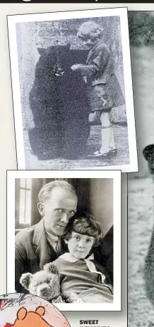  ??  ?? SWEET MEMORIES: Winnie with Harry and, from top, Christophe­r Robin with Winnie, with his father, AA Milne, and the Disney film that turned Pooh into a worldwide star