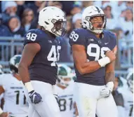  ?? RICH BARNES / USA TODAY SPORTS ?? Yetur Gross-Matos (99) and Shareef Miller lead Penn State’s sack attack.