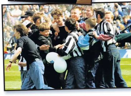  ??  ?? Fans mob Scott Sellars after Newcastle beat Leicester 7-1 at St James Park, May 1993