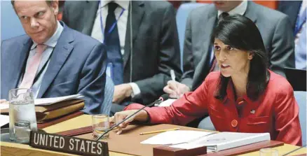  ?? BEBETO MATTHEWS ASSOCIATED PRESS ?? «Les États-Unis sont prêts à utiliser toute la panoplie de leurs moyens», y compris militaires, pour se défendre, a déclaré l’ambassadri­ce américaine Nikki Haley devant le Conseil de sécurité des Nations unies, réuni d’urgence mercredi.